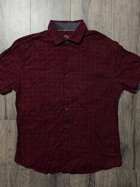 Consequence Maroon Geometric Pattern Short Sleeve Button Up Shirt